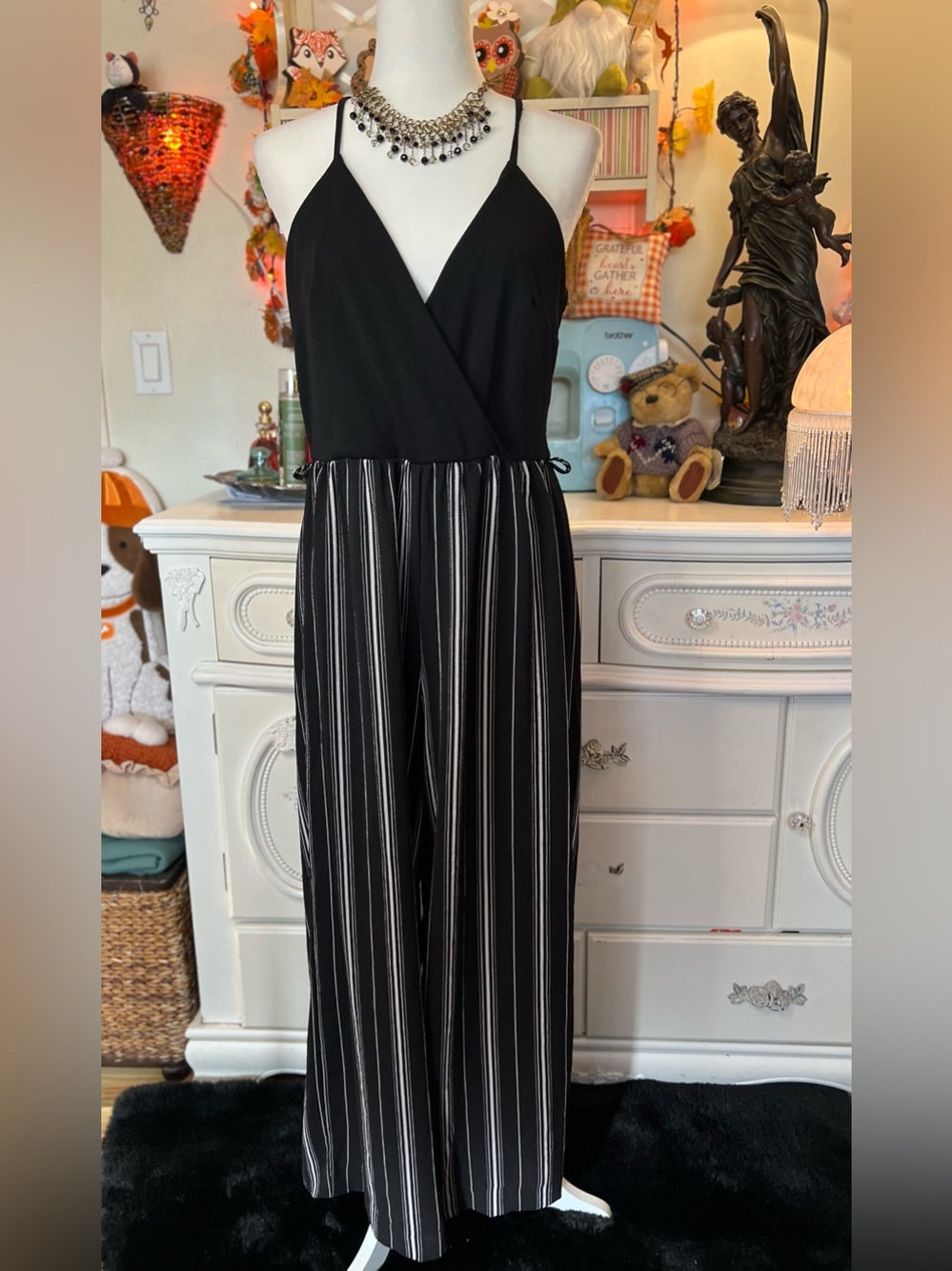Zenobia Black & White Striped Surplice Jumpsuit